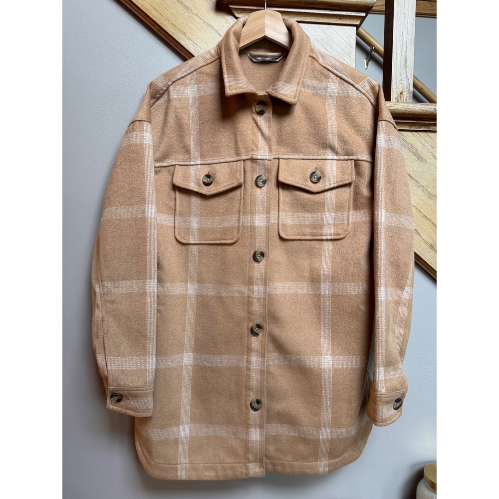 Sonoma Womens Plaid Shacket XS Tan Button Jacket Western Gorpcore Oversized Barn